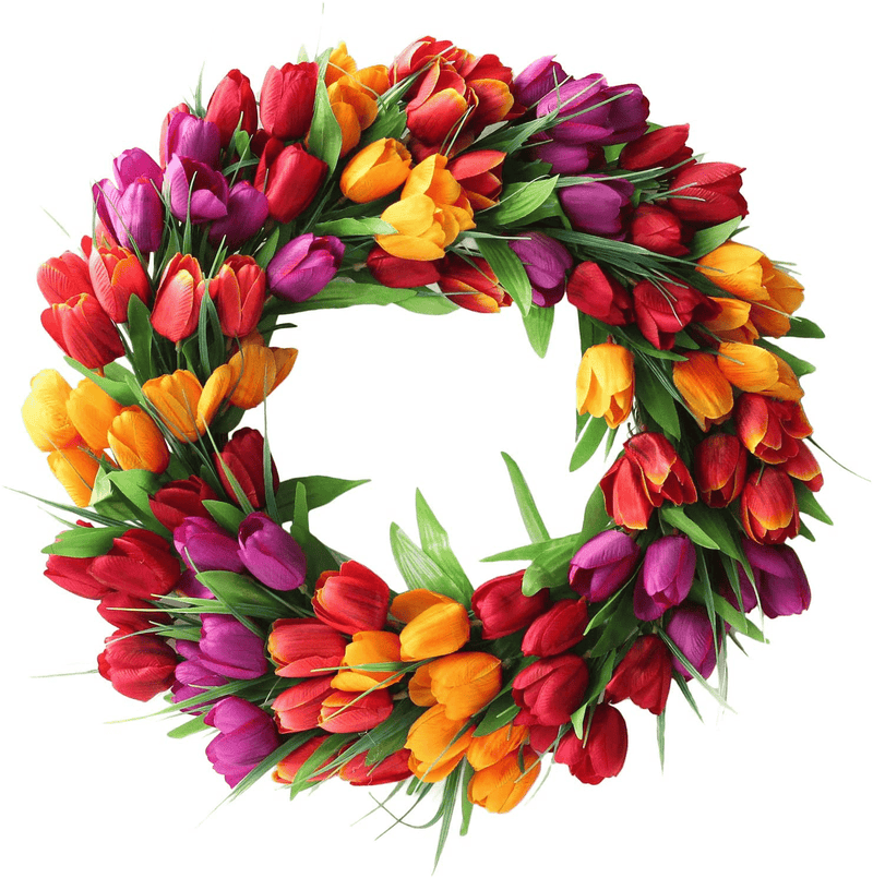 UNIE 20Inch Tulip Wreath Flower Wreaths for Front Door, Spring Silk Wreath with Green Leaves for Window Wall Wedding Valentines Day Decor Home & Garden > Decor > Seasonal & Holiday Decorations UNIE A  