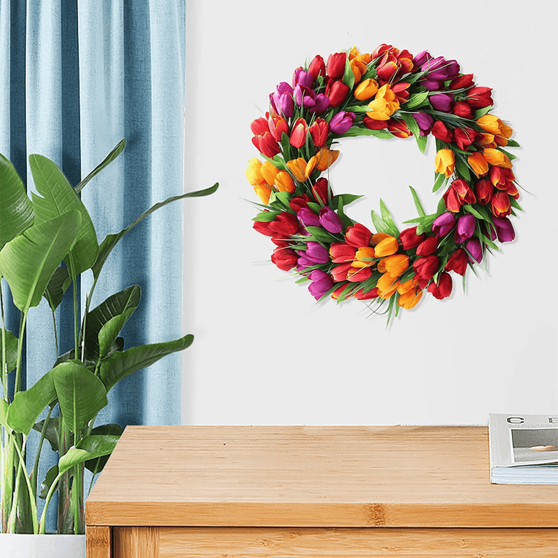 UNIE 20Inch Tulip Wreath Flower Wreaths for Front Door, Spring Silk Wreath with Green Leaves for Window Wall Wedding Valentines Day Decor Home & Garden > Decor > Seasonal & Holiday Decorations UNIE   