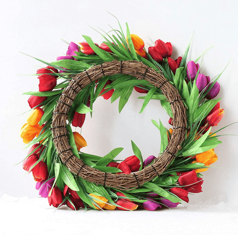 UNIE 20Inch Tulip Wreath Flower Wreaths for Front Door, Spring Silk Wreath with Green Leaves for Window Wall Wedding Valentines Day Decor Home & Garden > Decor > Seasonal & Holiday Decorations UNIE   