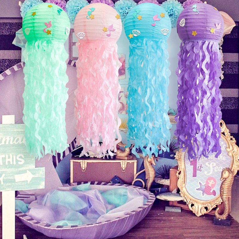 UNIIDECO 4 Pcs/Set Jelly Fish Paper Lanterns Kit, Green Pink Purple Blue Cute Hanging Mermaid Wishes Lantern, 4 Pack Baby Shower Child Birthday Party Decoration Lamps Set, Undersea Event Party Supplies Home & Garden > Pool & Spa > Pool & Spa Accessories UNIIDECO   