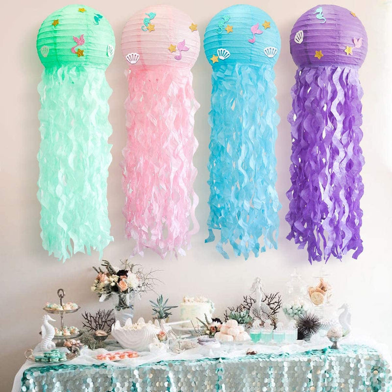 UNIIDECO 4 Pcs/Set Jelly Fish Paper Lanterns Kit, Green Pink Purple Blue Cute Hanging Mermaid Wishes Lantern, 4 Pack Baby Shower Child Birthday Party Decoration Lamps Set, Undersea Event Party Supplies