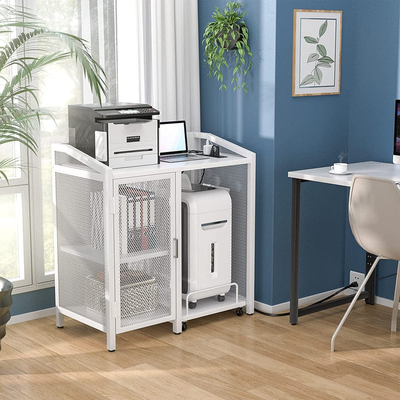 Unikito Filing Cabinets with Adjustable Storage Shelves, Home Office Printer Stand with Sockets, Large Printer Table for Office Deskside, Paper Shredder Stand on Wheel for Living Room Office, White
