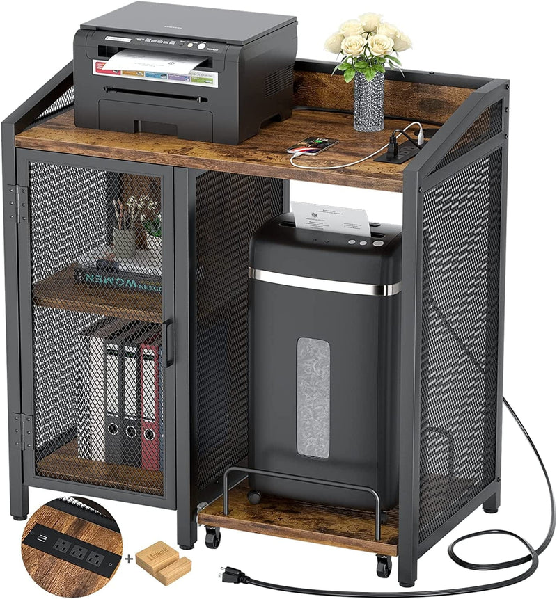 Unikito Filing Cabinets with Adjustable Storage Shelves, Home Office Printer Stand with Sockets, Large Printer Table for Office Deskside, Paper Shredder Stand on Wheel for Living Room Office, White Home & Garden > Household Supplies > Storage & Organization Unikito Rusitc Brown  