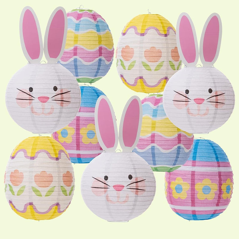 UNIQOOO 9PCS Easter Party Decorations Supplies Eggs Bunny Paper Lanterns Set for Kids, Reuseable 10’’ Pastel Color Hanging Lantern Decor for Home Outdoor Yard Tree Religious Easter Hunt Party Favors