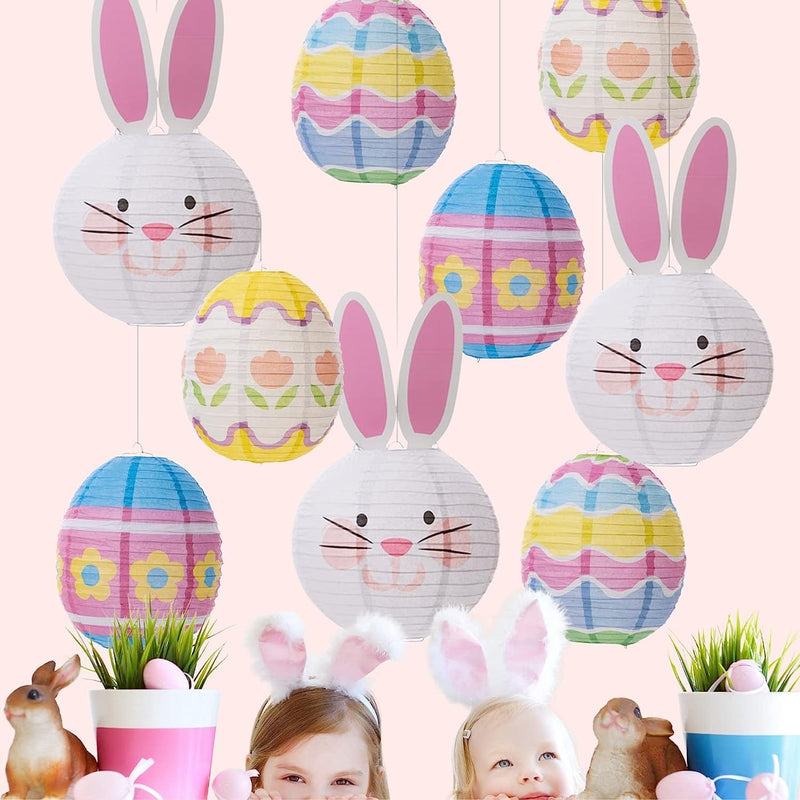 UNIQOOO 9PCS Easter Party Decorations Supplies Eggs Bunny Paper Lanterns Set for Kids, Reuseable 10’’ Pastel Color Hanging Lantern Decor for Home Outdoor Yard Tree Religious Easter Hunt Party Favors