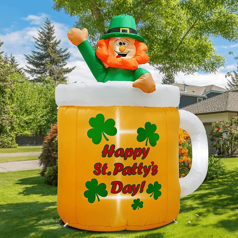 Uniqseason 6Ft Inflatable St Patricks Day Leprechaun in Beer Glass Shamrocks Pattern Built in LED Light Decoration for Outdoor Garden Lawn Yard Lucky Decor Arts & Entertainment > Party & Celebration > Party Supplies UniqSeason   