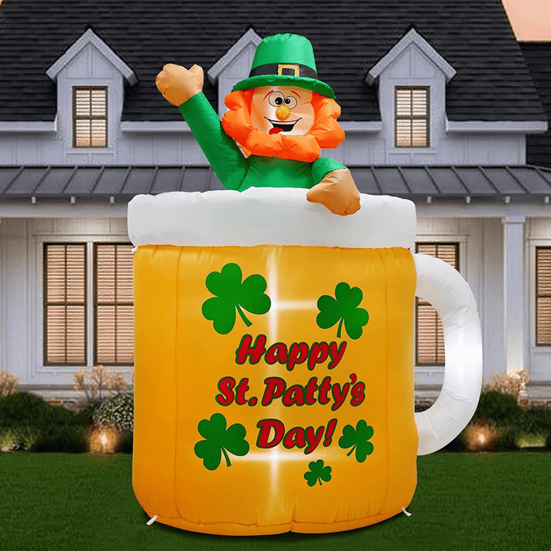 Uniqseason 6Ft Inflatable St Patricks Day Leprechaun in Beer Glass Shamrocks Pattern Built in LED Light Decoration for Outdoor Garden Lawn Yard Lucky Decor Arts & Entertainment > Party & Celebration > Party Supplies UniqSeason   