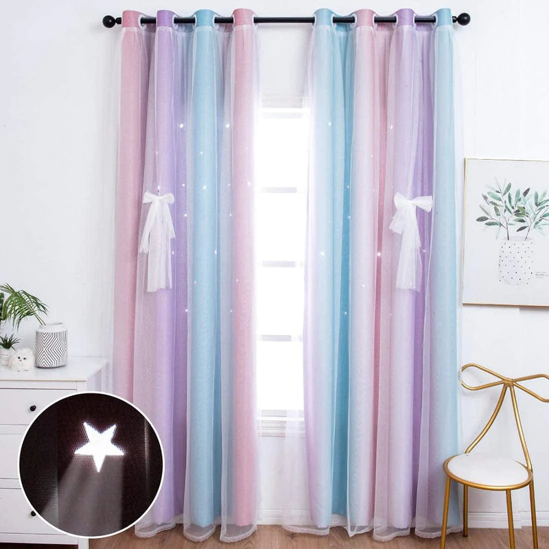UNISTAR 2 Panels Blackout Stars Curtains for Kids Girls Bedroom Living Room Decor Colorful Double Layer Star Cut Out Stripe Teal Pink Rainbow Window Wall Home Decoration Curtain W52 X L63 Inches Home & Garden > Decor > Window Treatments > Curtains & Drapes Unistar 2 Panels 丨 Rainbow-pink&purple W52 * H63 | 2 Panels 