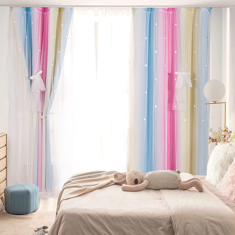 UNISTAR 2 Panels Blackout Stars Curtains for Kids Girls Bedroom Living Room Decor Colorful Double Layer Star Cut Out Stripe Teal Pink Rainbow Window Wall Home Decoration Curtain W52 X L63 Inches Home & Garden > Decor > Window Treatments > Curtains & Drapes Unistar   