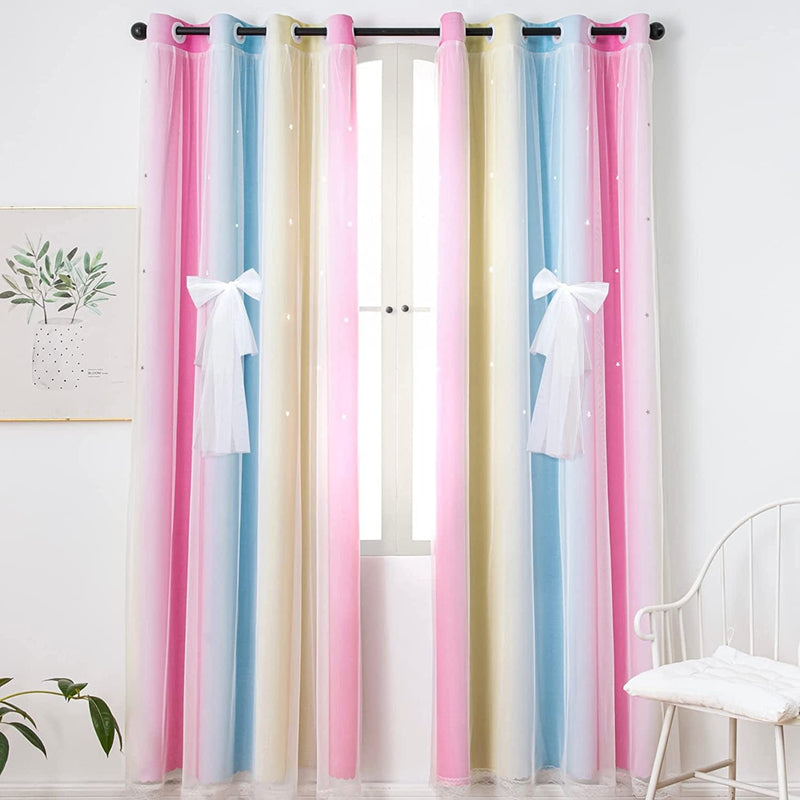 UNISTAR 2 Panels Blackout Stars Curtains for Kids Girls Bedroom Living Room Decor Colorful Double Layer Star Cut Out Stripe Teal Pink Rainbow Window Wall Home Decoration Curtain W52 X L63 Inches Home & Garden > Decor > Window Treatments > Curtains & Drapes Unistar 2 Panels 丨gradient-teal&pink W52 * H84 | 2 Panels 