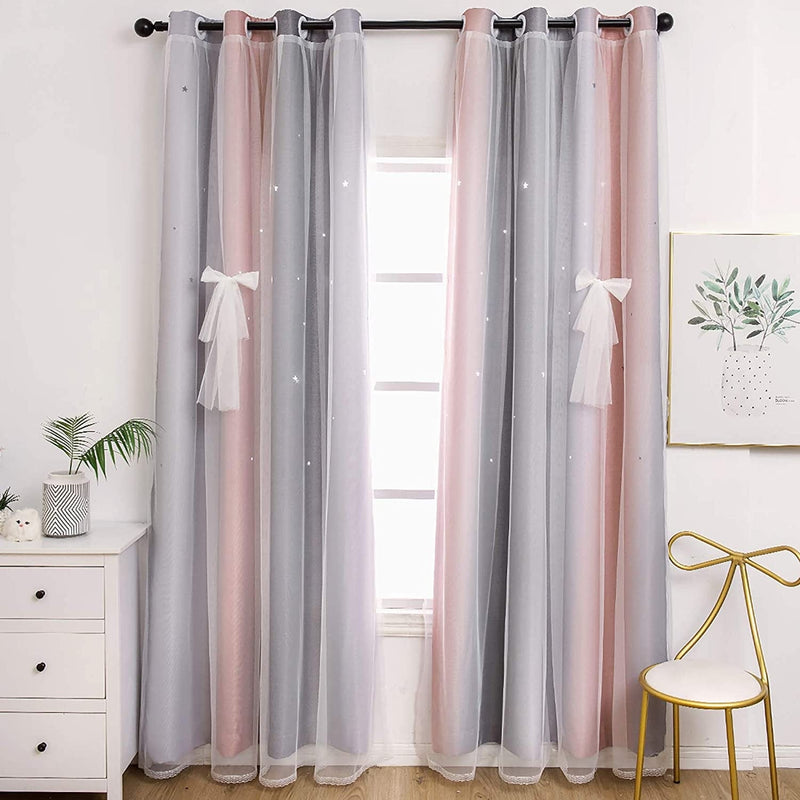 UNISTAR 2 Panels Blackout Stars Curtains for Kids Girls Bedroom Living Room Decor Colorful Double Layer Star Cut Out Stripe Teal Pink Rainbow Window Wall Home Decoration Curtain W52 X L63 Inches Home & Garden > Decor > Window Treatments > Curtains & Drapes Unistar 2 Panels 丨 Rainbow-pink&grey W52 * H63 | 2 Panels 