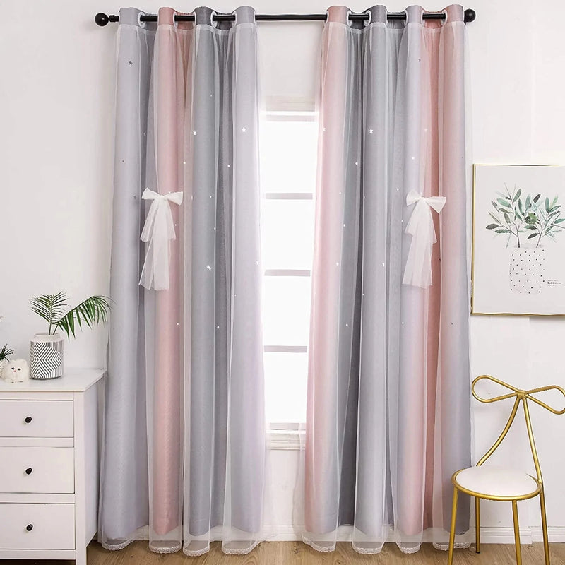 UNISTAR 2 Panels Blackout Stars Curtains for Kids Girls Bedroom Living Room Decor Colorful Double Layer Star Cut Out Stripe Teal Pink Rainbow Window Wall Home Decoration Curtain W52 X L63 Inches Home & Garden > Decor > Window Treatments > Curtains & Drapes Unistar 2 Panels 丨 Rainbow-pink&grey W42 * H84 | 2 Panels 