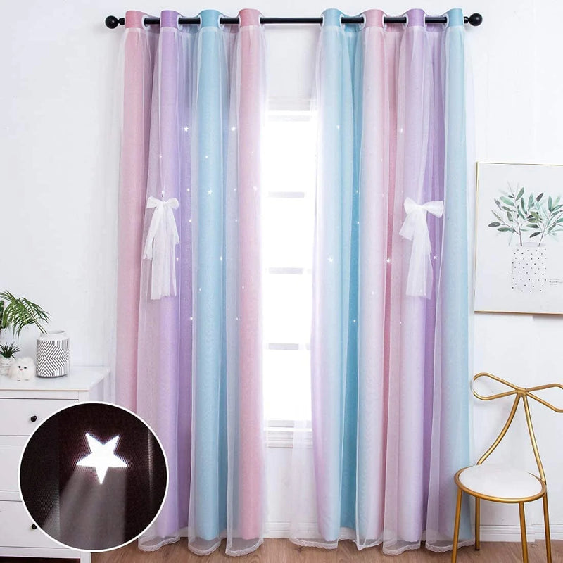UNISTAR 2 Panels Blackout Stars Curtains for Kids Girls Bedroom Living Room Decor Colorful Double Layer Star Cut Out Stripe Teal Pink Rainbow Window Wall Home Decoration Curtain W52 X L63 Inches Home & Garden > Decor > Window Treatments > Curtains & Drapes Unistar 2 Panels 丨 Rainbow-pink&purple W42 * H84 | 2 Panels 