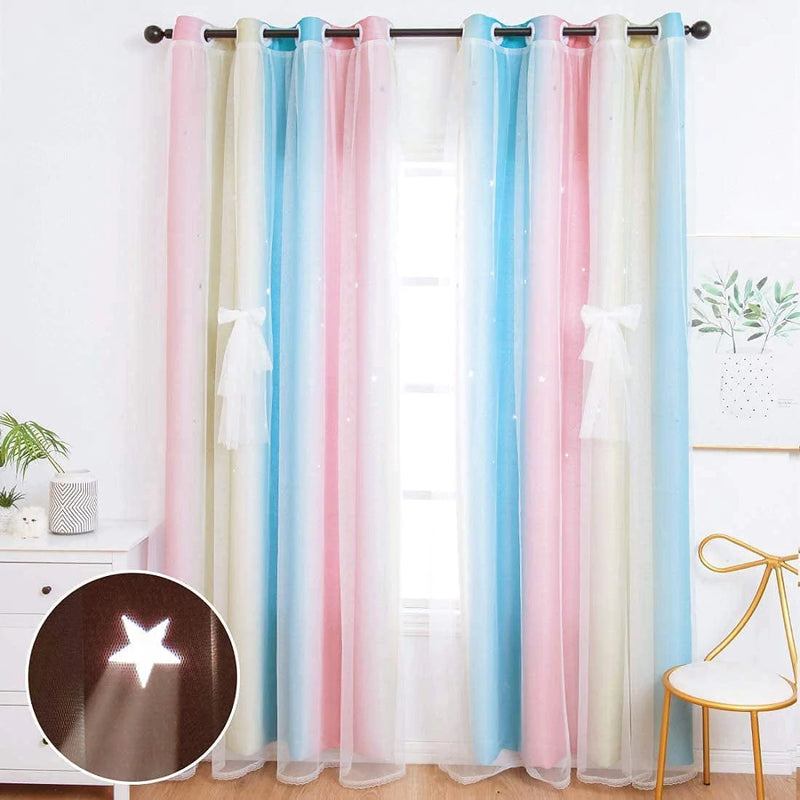 UNISTAR 2 Panels Blackout Stars Curtains for Kids Girls Bedroom Living Room Decor Colorful Double Layer Star Cut Out Stripe Teal Pink Rainbow Window Wall Home Decoration Curtain W52 X L63 Inches Home & Garden > Decor > Window Treatments > Curtains & Drapes Unistar 2 Panels 丨 Rainbow-pink&blue W42 * H63 | 2 Panels 