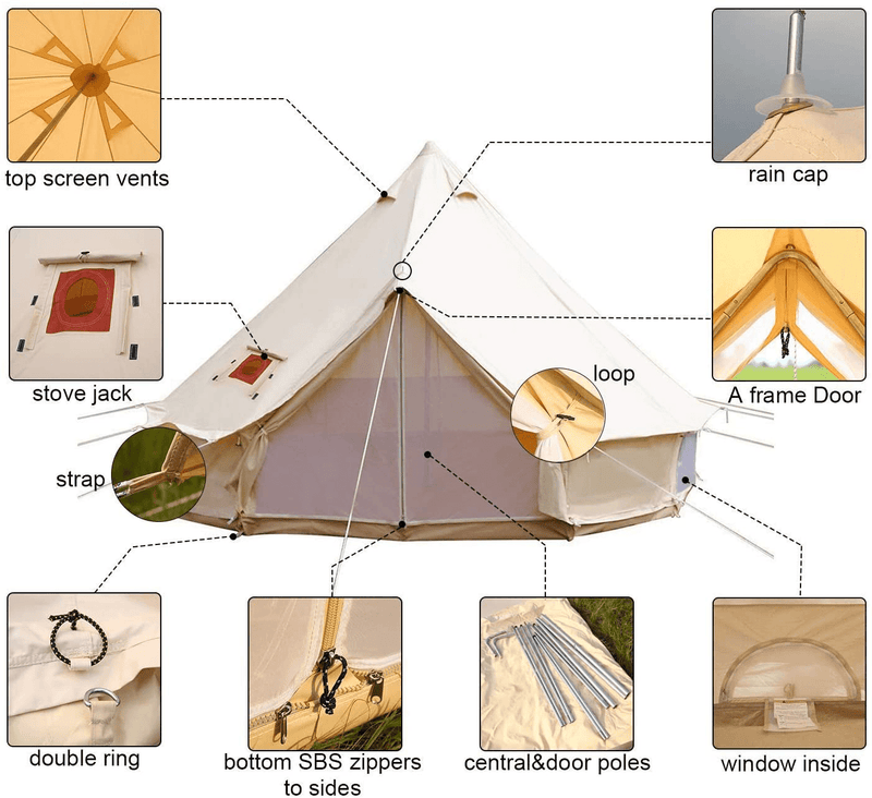 UNISTRENGH 4 Season Large Waterproof Cotton Canvas Bell Tent Beige Glamping Tent with Roof Stove Jack Hole for Camping Hiking Christmas Party Sporting Goods > Outdoor Recreation > Camping & Hiking > Tent Accessories Unistrengh   