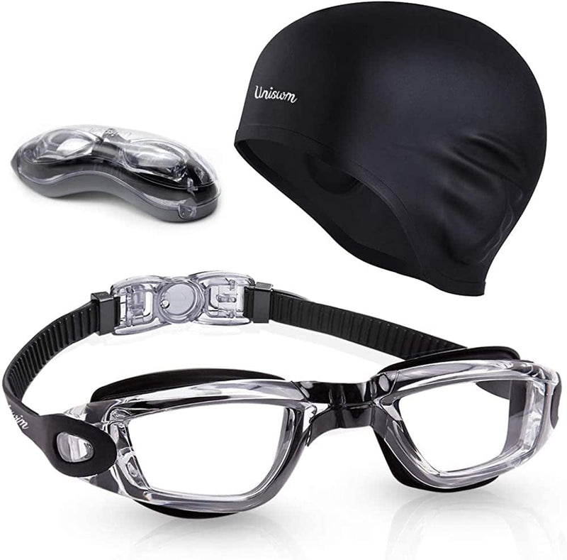 Uniswim Swimming Goggles Swimming Cap Set Swim Glasses Silicone Swim Hat Pack for Adults with anti Fog Glasses for Swimming Sporting Goods > Outdoor Recreation > Boating & Water Sports > Swimming > Swim Goggles & Masks Uniswim Black Lucency  
