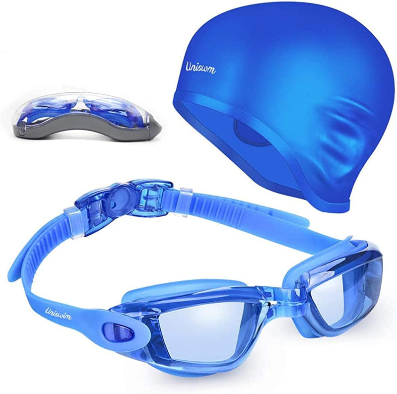 Uniswim Swimming Goggles Swimming Cap Set Swim Glasses Silicone Swim Hat Pack for Adults with anti Fog Glasses for Swimming Sporting Goods > Outdoor Recreation > Boating & Water Sports > Swimming > Swim Goggles & Masks Uniswim Blue  