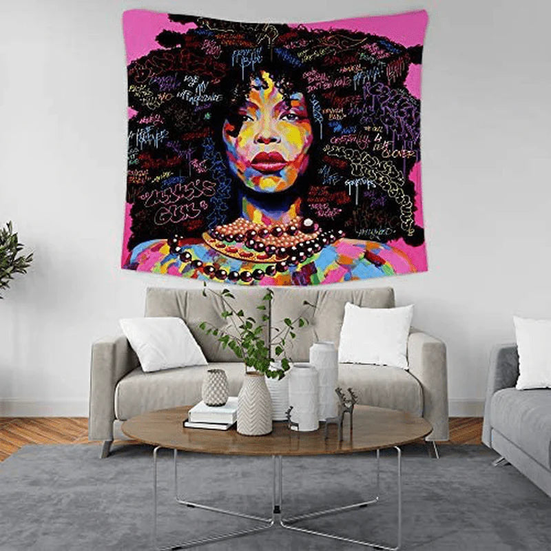Unitendo African American Black Girl Colourful Print Wall Hanging Tapestries Indian Polyester Picnic Bedsheet Afro Wall Art Decor Hippie Tapestry, 80''X 60'' Afro Explosion Hair Girl Home & Garden > Decor > Artwork > Decorative Tapestries Unitendo   