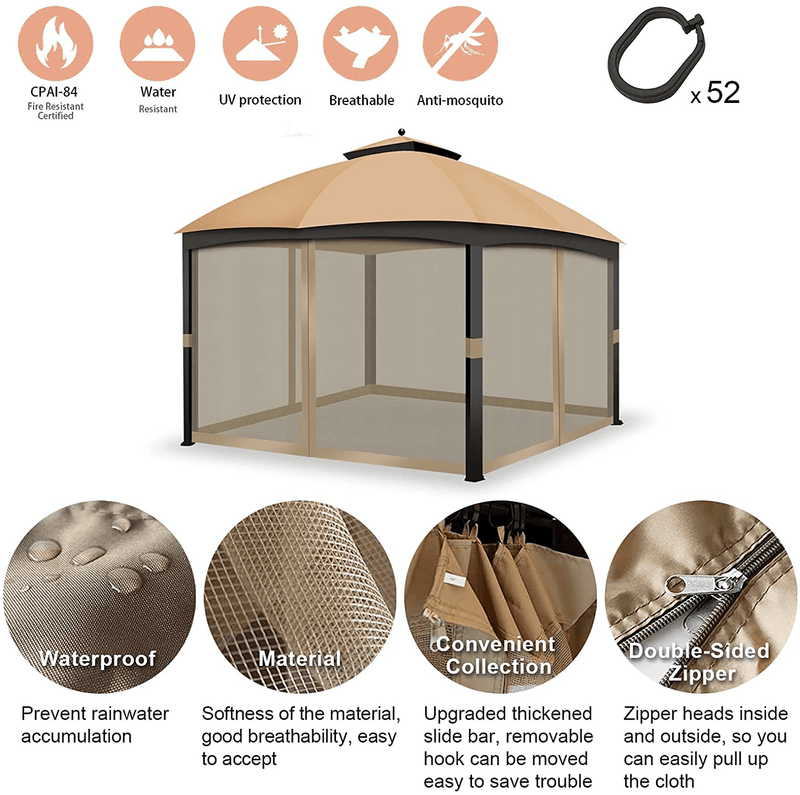 Universal Replacement Mosquito Netting Mesh Sidewall Curtain with Zipper 10’ x 10’ Gazebo Canopy Tent (Khaki) Home & Garden > Lawn & Garden > Outdoor Living > Outdoor Structures > Canopies & Gazebos Tengyue   