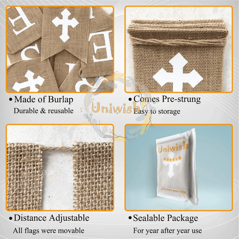 Uniwish Blessed Burlap Banner Easter Baptism Decorations Garland for Home Fireplace Décor Vintage Rustic Hanging Sign Party Supplies