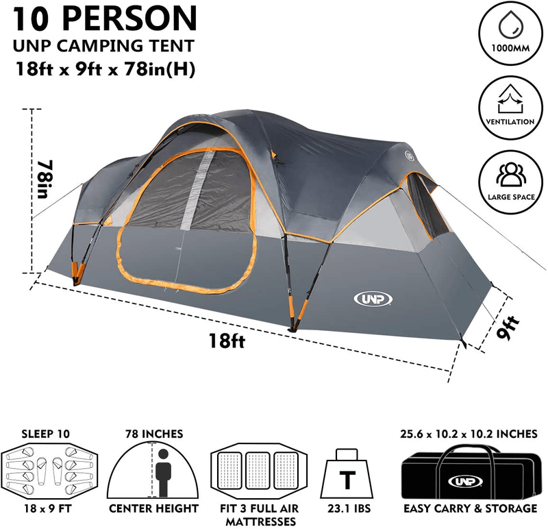 UNP Camping Tent 10-Person-Family Tents, Parties, Music Festival Tent, Big, Easy Up, 5 Large Mesh Windows, Double Layer, 2 Room, Waterproof, Weather Resistant, 18Ft X 9Ft X78In