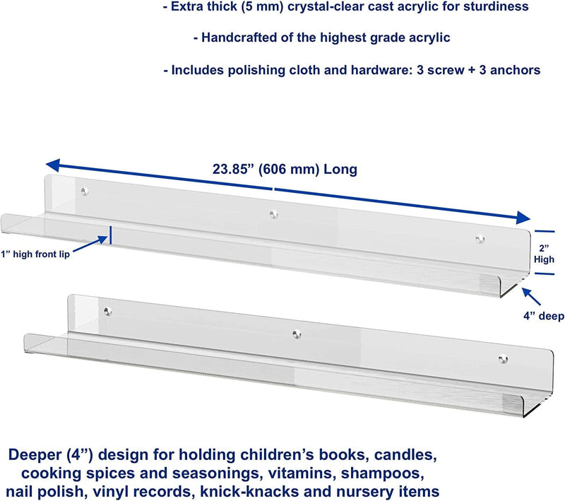 Unum Set of 2 Acrylic 24" Invisible Floating Shelves for Wall; Clear Hanging Wall Display Shelf Ledges/Ledge - Vinyl LP Record Display Shelves - 24" Long X 4" Deep (2-Pack) Furniture > Shelving > Wall Shelves & Ledges unum   