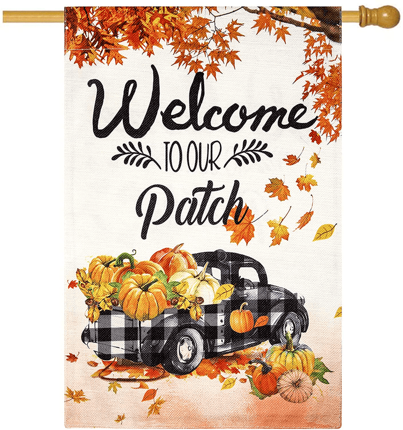 Unves Fall Flag 28x40 Double Sided, Thanksgiving Flag Vertical Burlap with Pumpkin Maple Leaves Porch Decor, Large Fall House Flag for Autumn Thanksgiving Garden Yard Outdoor Decorations