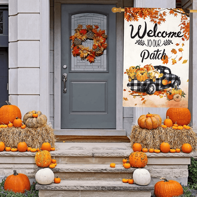 Unves Fall Flag 28x40 Double Sided, Thanksgiving Flag Vertical Burlap with Pumpkin Maple Leaves Porch Decor, Large Fall House Flag for Autumn Thanksgiving Garden Yard Outdoor Decorations