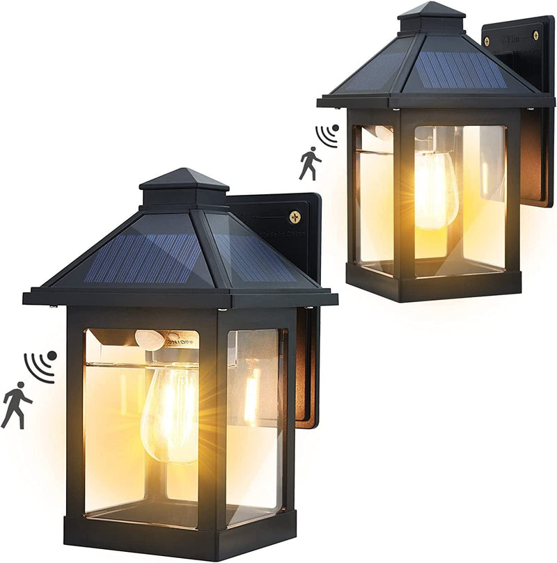 UOOIUMOY 2 Pack Solar Powered Wall Lantern Lights with 3 Lighting Modes, LED Dusk to Dawn Solar Sconce Outdoor Wall Mount, Wireless Motion Sensor Front Porch Lights Fixtures Waterproof for Patio Home & Garden > Lighting > Lamps UOOIUMOY Black (2 Pack)  