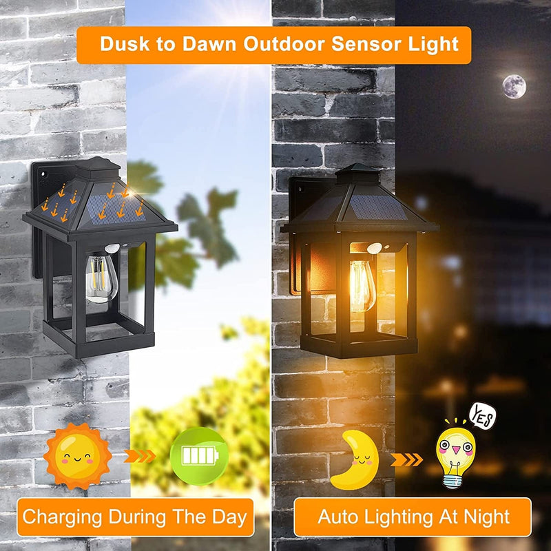 UOOIUMOY 2 Pack Solar Powered Wall Lantern Lights with 3 Lighting Modes, LED Dusk to Dawn Solar Sconce Outdoor Wall Mount, Wireless Motion Sensor Front Porch Lights Fixtures Waterproof for Patio