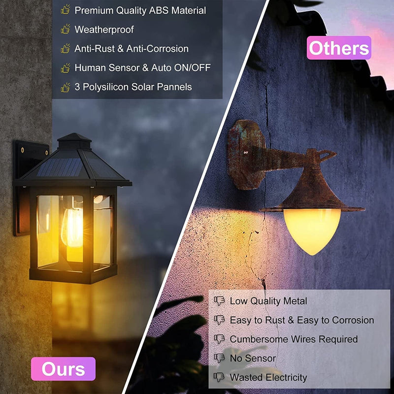 UOOIUMOY 2 Pack Solar Powered Wall Lantern Lights with 3 Lighting Modes, LED Dusk to Dawn Solar Sconce Outdoor Wall Mount, Wireless Motion Sensor Front Porch Lights Fixtures Waterproof for Patio