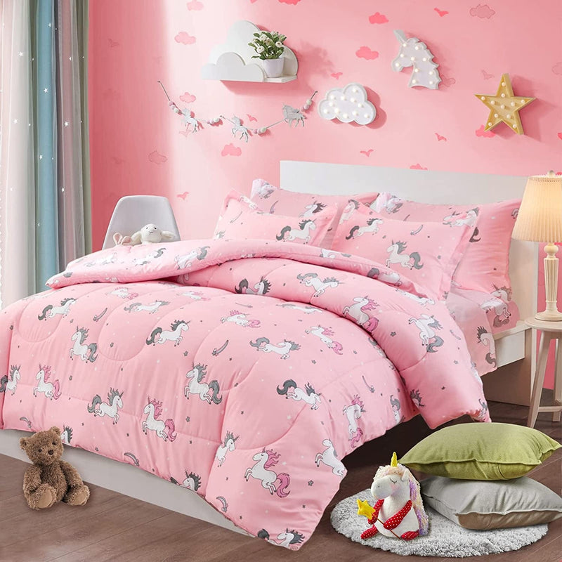 Uozzi Bedding Bed in a Bag 6 Pieces Twin Size Unicorn Pink with Rainbow Star - Soft Microfiber, Reversible Bed Comforter Set (1 Comforter, 2 Pillow Shams, 1 Flat Sheet, 1 Fitted Sheet, 1 Pillowcases) Home & Garden > Linens & Bedding > Bedding Uozzi Bedding Unicorn King-7pieces 