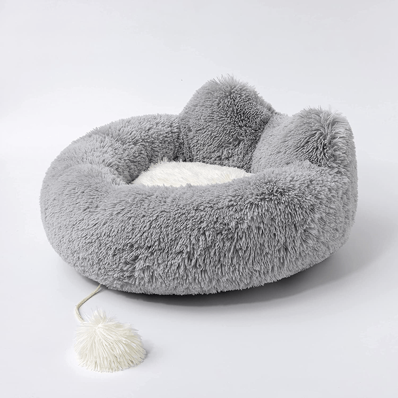 Uozzi Bedding Plush Faux Fur round Pet Cat Bed with Cute Ears and Tail, Comfortable Fuzzy Donut Cuddler Cushion for Cute Cats, Soft Shaggy and Warm