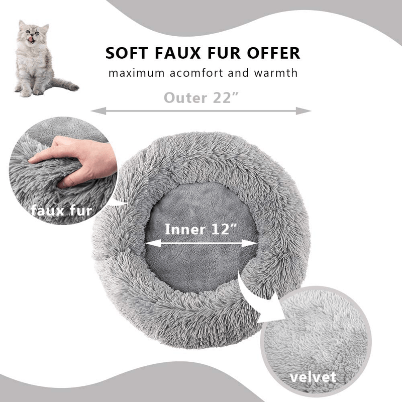 Uozzi Bedding Plush Faux Fur round Pet Dog Bed Cat Bed, Comfortable Fuzzy Donut Cuddler Cushion Soft Shaggy and Warm for Winter 22" / 55Cm