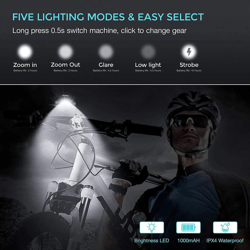 [Updated 2021 Version] USB Rechargeable Super Bike Headlight and Back Light Set, Runtime 10+ Hours 600 Lumen Bright Front Lights Tail Rear LED, 5 Light Mode Options Fits All Bicycles, Road, Mountain