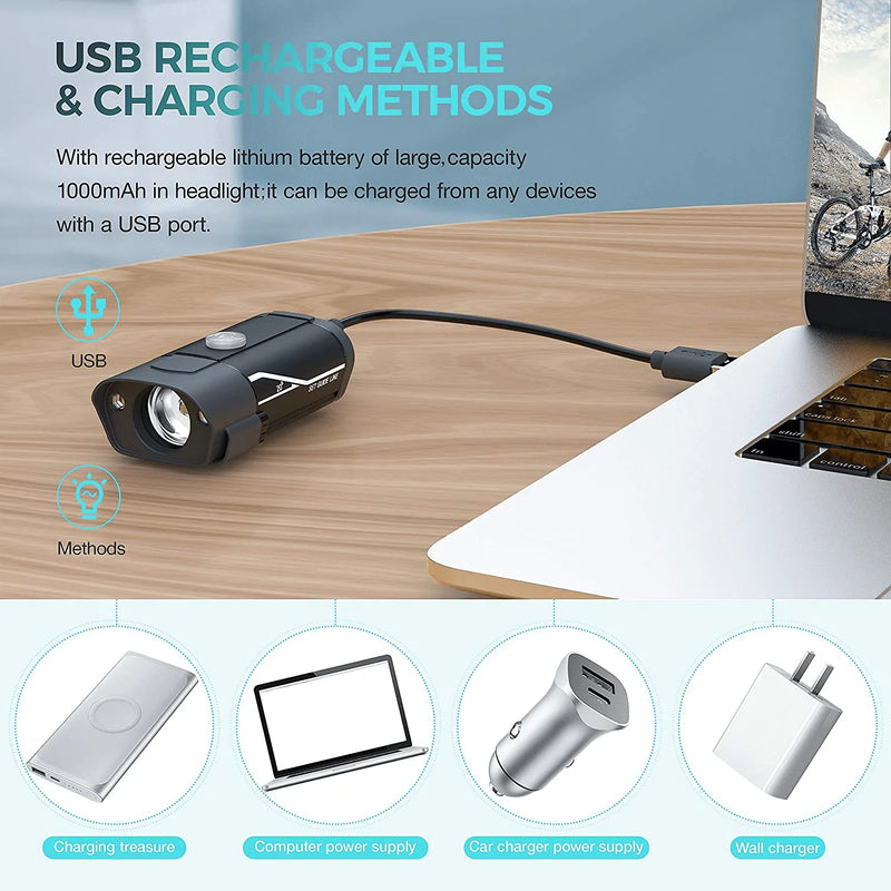 [Updated 2021 Version] USB Rechargeable Super Bike Headlight and Back Light Set, Runtime 10+ Hours 600 Lumen Bright Front Lights Tail Rear LED, 5 Light Mode Options Fits All Bicycles, Road, Mountain Sporting Goods > Outdoor Recreation > Cycling > Bicycle Parts LXL   