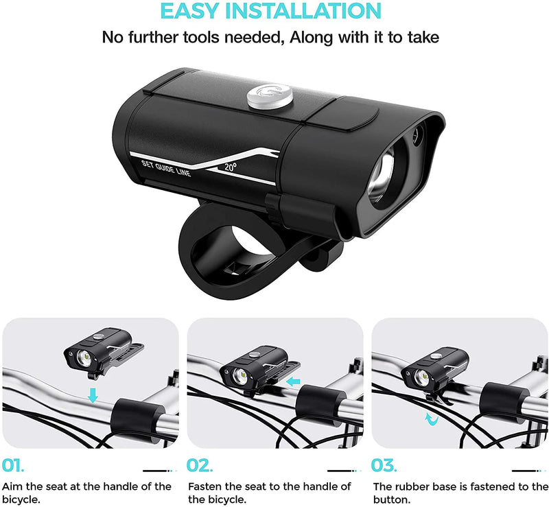 [Updated 2021 Version] USB Rechargeable Super Bike Headlight and Back Light Set, Runtime 10+ Hours 600 Lumen Bright Front Lights Tail Rear LED, 5 Light Mode Options Fits All Bicycles, Road, Mountain