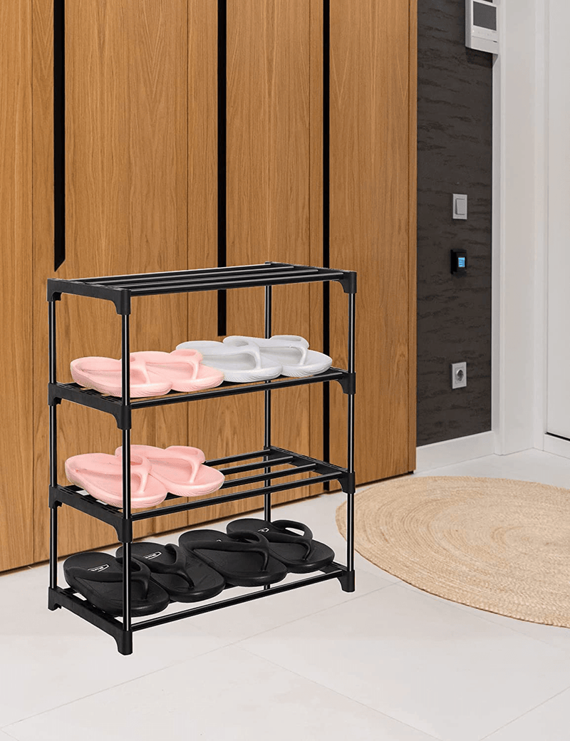 Upgrade 4-Tier Small Shoe Rack,Lnyzqus Metal Stackable Kids Shoe Shelf Storage Shoe Stand Organizer for Closet Entryway Hallway,Zapateras Organizer for Shoes(Black) Furniture > Cabinets & Storage > Armoires & Wardrobes LNYZQUS   