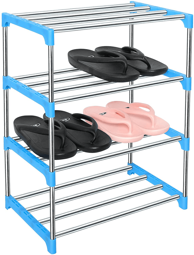 Upgrade 4-Tier Small Shoe Rack,Lnyzqus Metal Stackable Kids Shoe Shelf Storage Shoe Stand Organizer for Closet Entryway Hallway,Zapateras Organizer for Shoes(Black) Furniture > Cabinets & Storage > Armoires & Wardrobes LNYZQUS Blue  