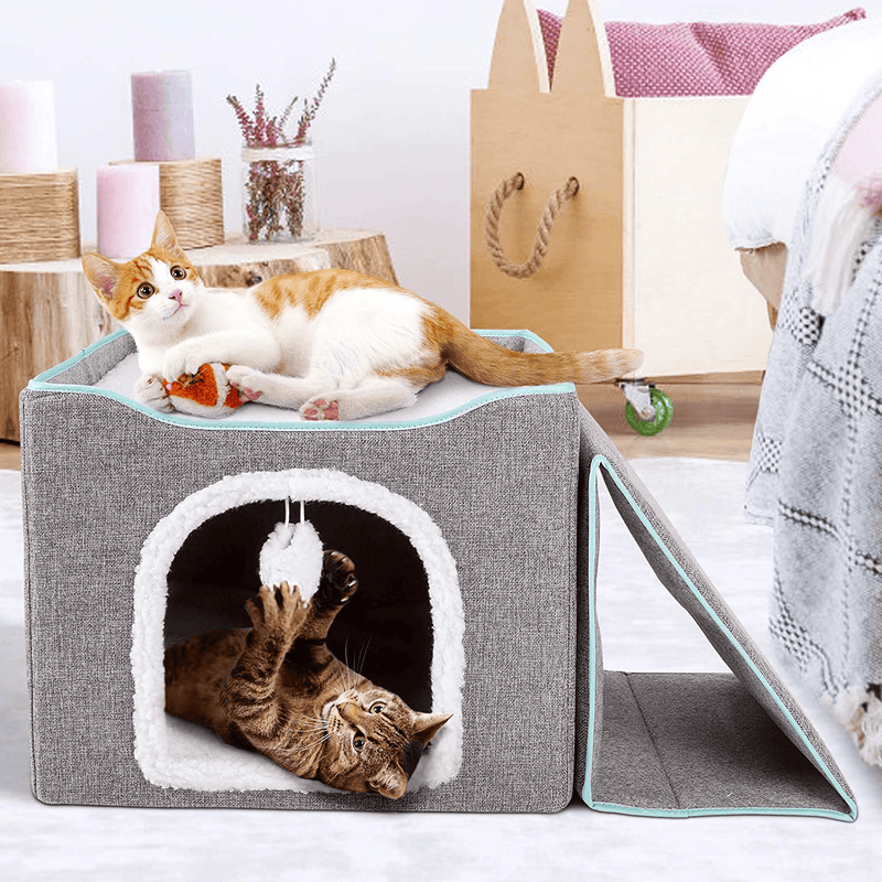 Upgraded Cat Beds for Indoor Cats - Foldable Cat Cube Cave House with Removable Sisal Rope Cat Scratcher and Fluffy Ball Hanging for Kitty Play, Outdoor Feral Cat Kitten Shelter with Warm Plush Bed Animals & Pet Supplies > Pet Supplies > Cat Supplies > Cat Beds ROMANTIC BEAR   