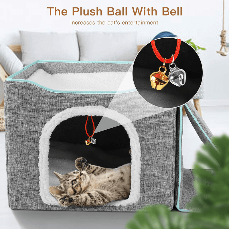 Upgraded Cat Beds for Indoor Cats - Foldable Cat Cube Cave House with Removable Sisal Rope Cat Scratcher and Fluffy Ball Hanging for Kitty Play, Outdoor Feral Cat Kitten Shelter with Warm Plush Bed Animals & Pet Supplies > Pet Supplies > Cat Supplies > Cat Beds ROMANTIC BEAR   