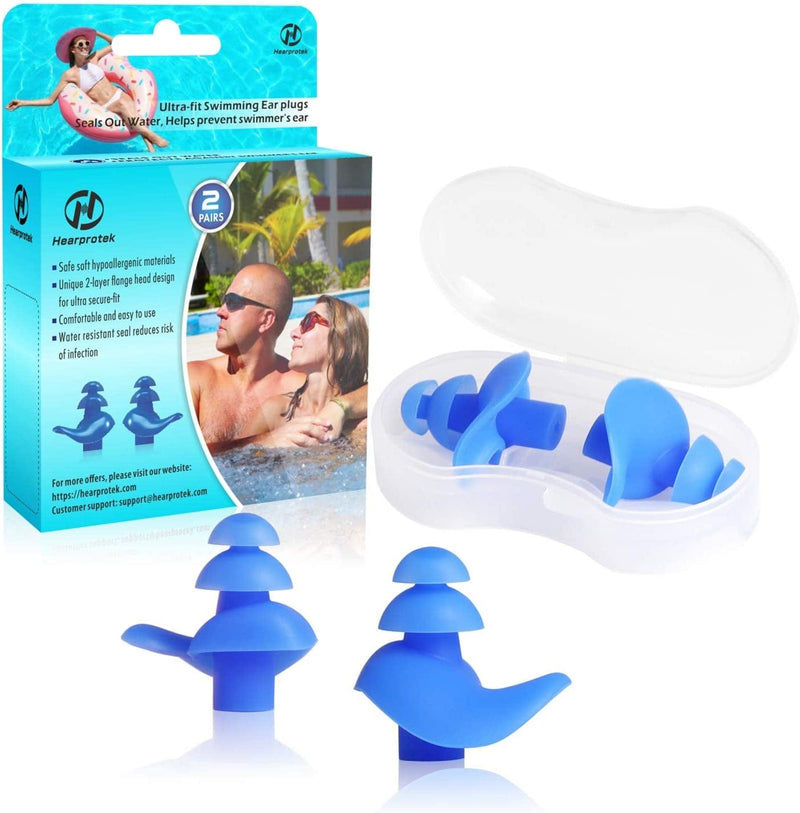 Upgraded Design Silicone Swimming Earplugs, Hearprotek 2 Pairs Waterproof Reusable Ear Plugs for Swimming Showering Bathing Surfing and Other Water Sports Adult Size