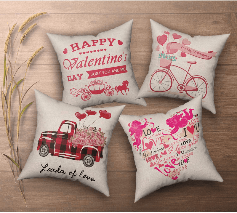 UPINLOOK Valentines Day Pillow Covers 18X18 Inch Set of 4, Linen Cushion Case Buffalo Plaid Truck Flowers and Bicycle Throw Pillow Covers for Living Room Sofa Couch Chair Car Home Decoration Home & Garden > Decor > Chair & Sofa Cushions UPINLOOK   