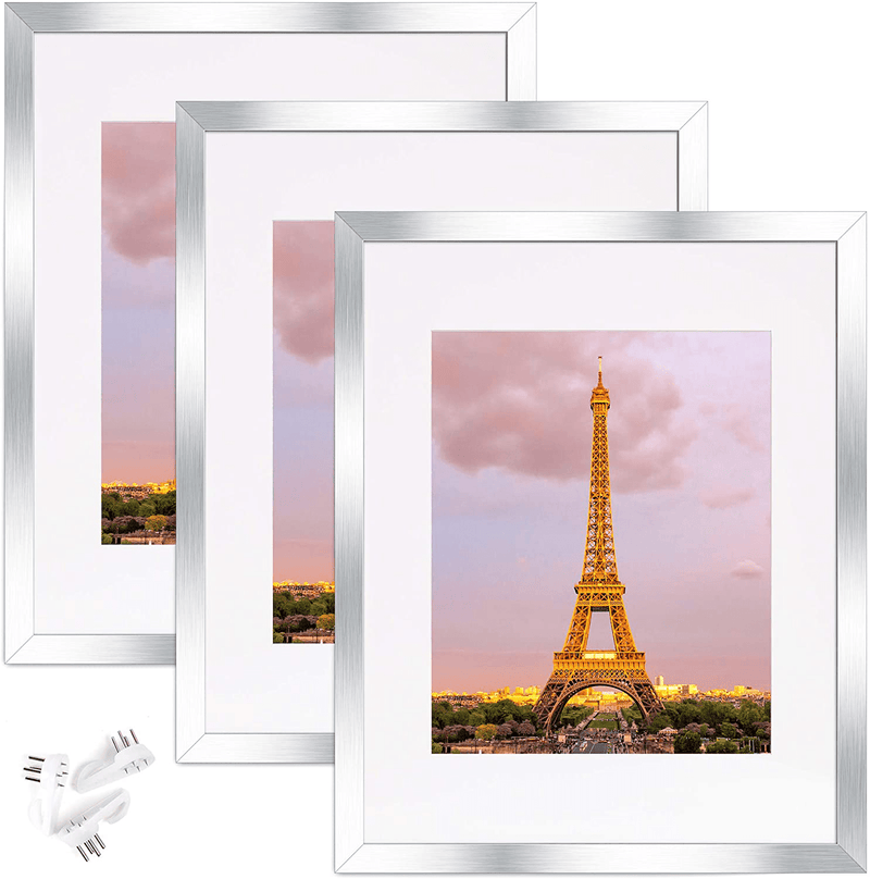 upsimples 11x14 Picture Frame Set of 3,Made of High Definition Glass for 8x10 with Mat or 11x14 Without Mat,Wall Mounting Photo Frame Black