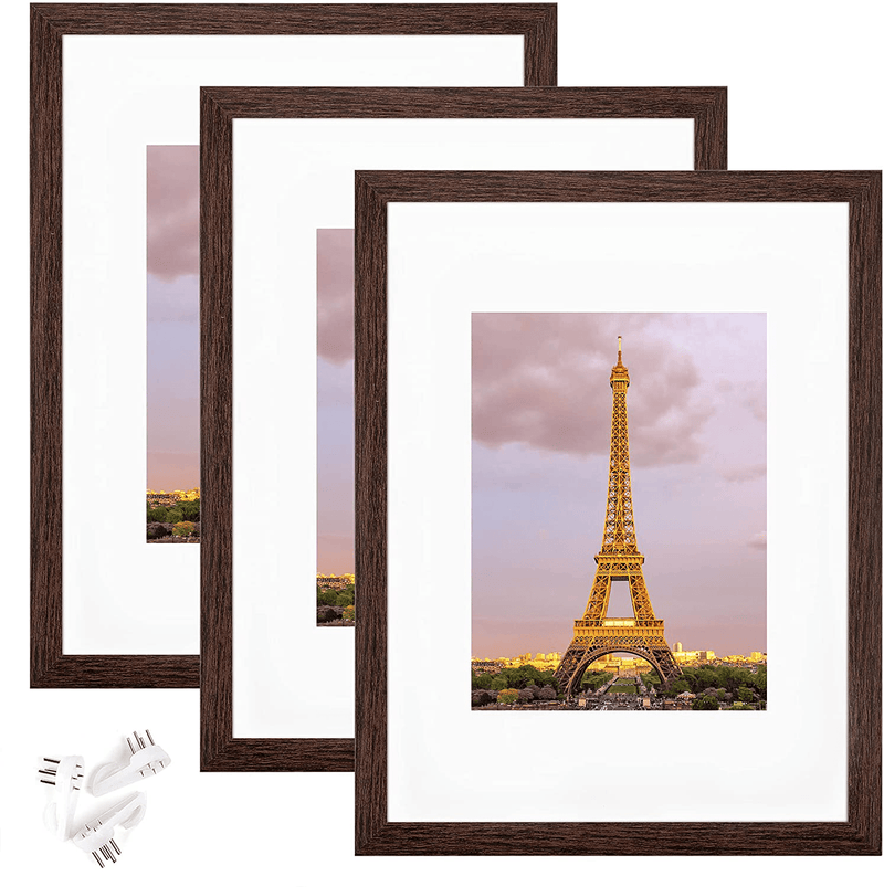 upsimples 11x14 Picture Frame Set of 3,Made of High Definition Glass for 8x10 with Mat or 11x14 Without Mat,Wall Mounting Photo Frame Black Home & Garden > Decor > Picture Frames upsimples Dark Brown 9x12 