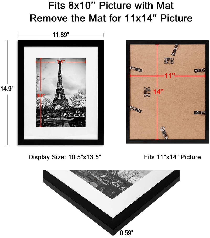 upsimples 11x14 Picture Frame Set of 5,Display Pictures 8x10 with Mat or 11x14 Without Mat,Wall Gallery Photo Frames,Black Home & Garden > Decor > Picture Frames upsimples   