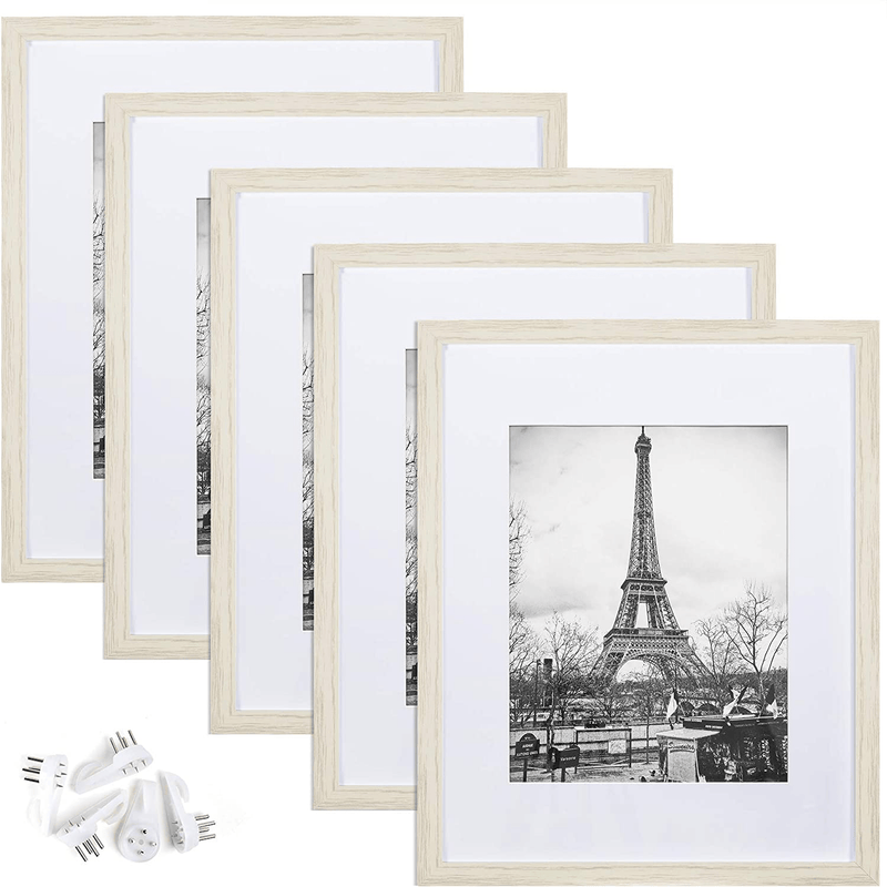 upsimples 11x14 Picture Frame Set of 5,Display Pictures 8x10 with Mat or 11x14 Without Mat,Wall Gallery Photo Frames,Black Home & Garden > Decor > Picture Frames upsimples White Woodgrain 11x14 