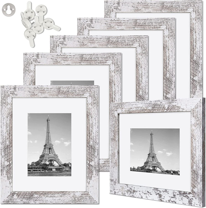 Upsimples 8X10 Picture Frame Distressed White with Real Glass, Display Pictures 5X7 with Mat or 8X10 without Mat, Multi Photo Frames Collage for Wall or Tabletop Display, Set of 6 Home & Garden > Decor > Picture Frames upsimples Distressed White 8x10 