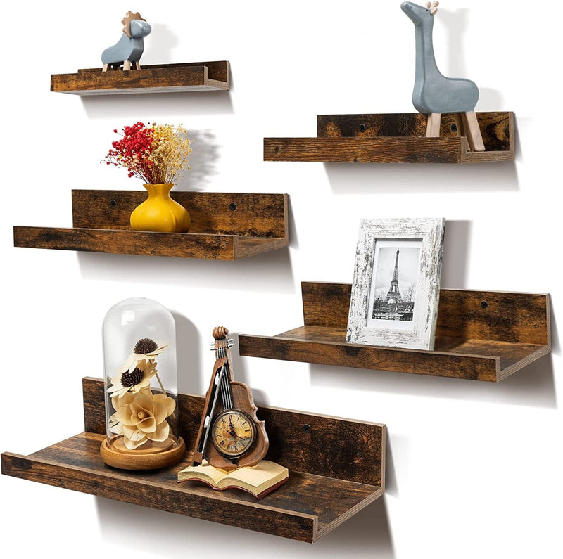 Upsimples Home Floating Shelves for Wall Décor Storage, Wall Shelves Set of 5, Wall Mounted Wood Shelves for Bedroom, Living Room, Bathroom, Kitchen, Small Picture Ledge Farmhouse Shelves, Brown Furniture > Shelving > Wall Shelves & Ledges Upsimples Home Brown  