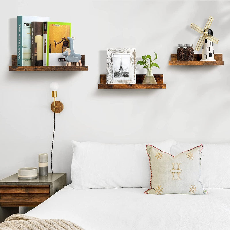 Upsimples Home Floating Shelves for Wall Décor Storage, Wall Shelves Set of 5, Wall Mounted Wood Shelves for Bedroom, Living Room, Bathroom, Kitchen, Small Picture Ledge Farmhouse Shelves, Brown Furniture > Shelving > Wall Shelves & Ledges Upsimples Home   